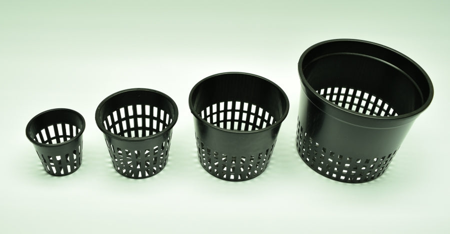 Profile view of 2" 3" 3.75" 5" Black Plastic Net Pots.