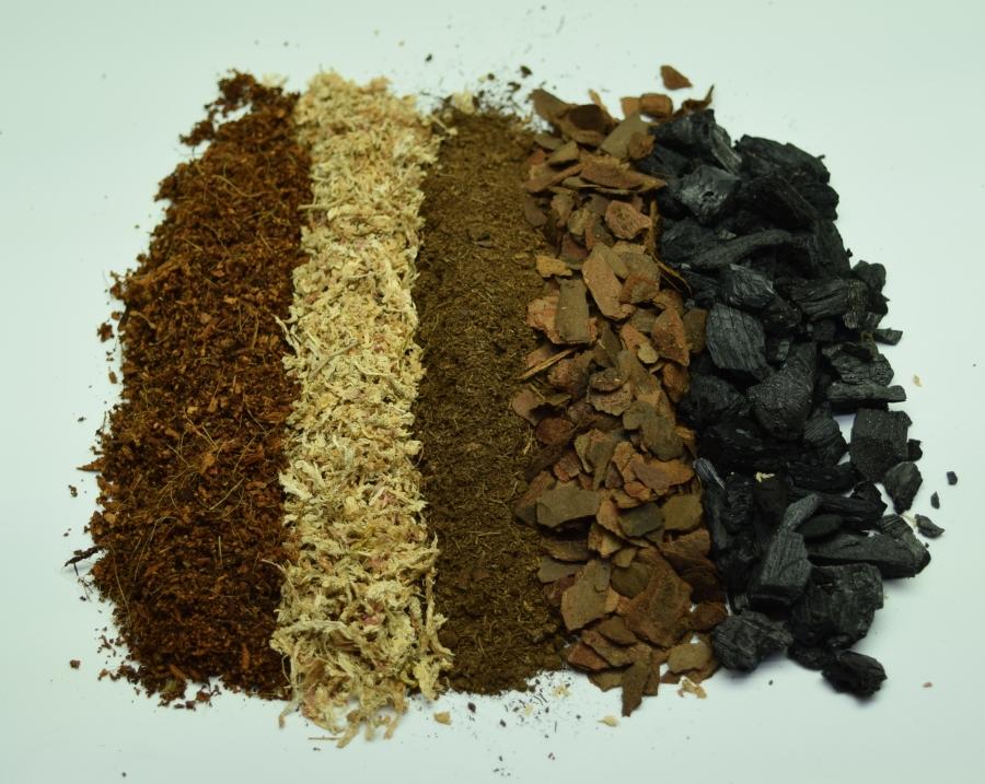 Overhead view of all of the different ingredients in our Tropical Soil Mix.